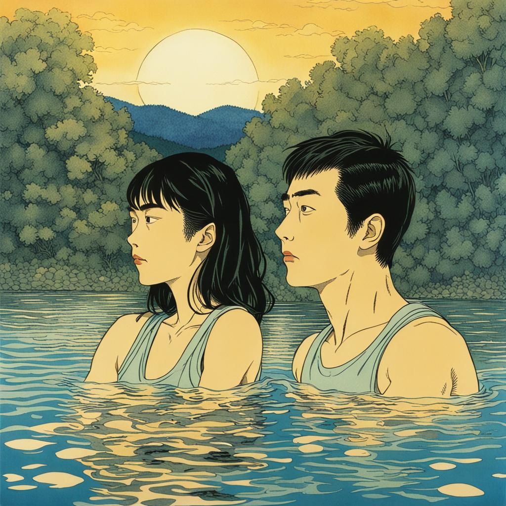 Loving Couple Swimming at Golden Hour in Ito Style