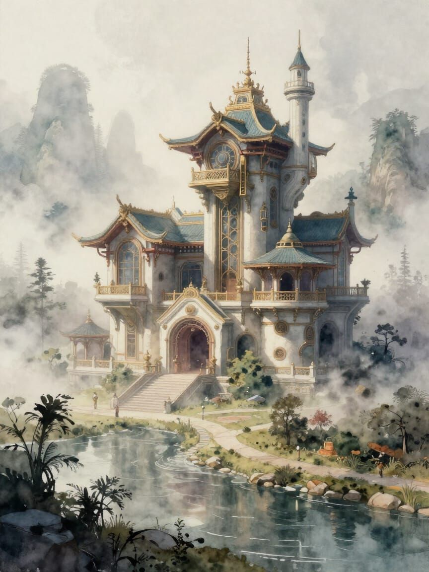 Futuristic Asian Mansion With Waterways in Watercolor Style