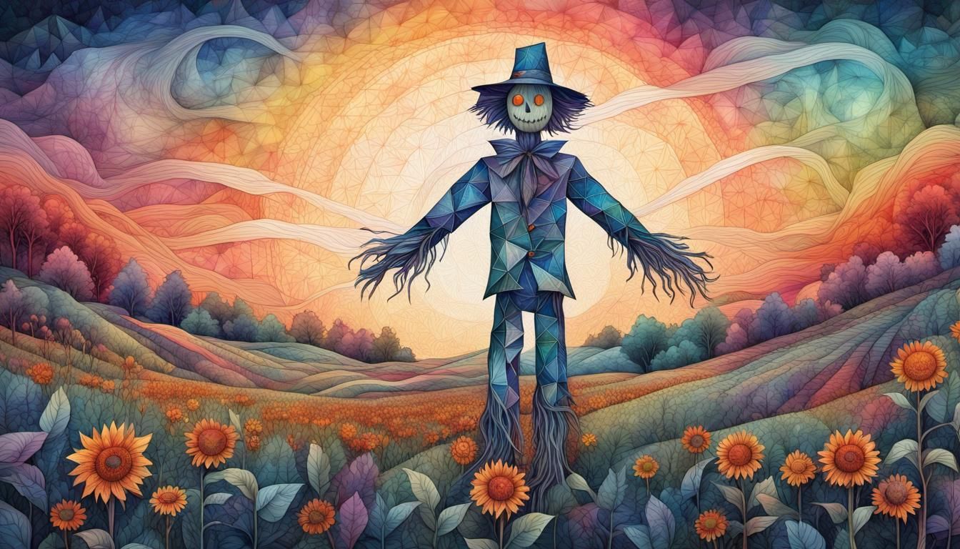 Geometric Scarecrow in Field: Watercolour Line Drawing