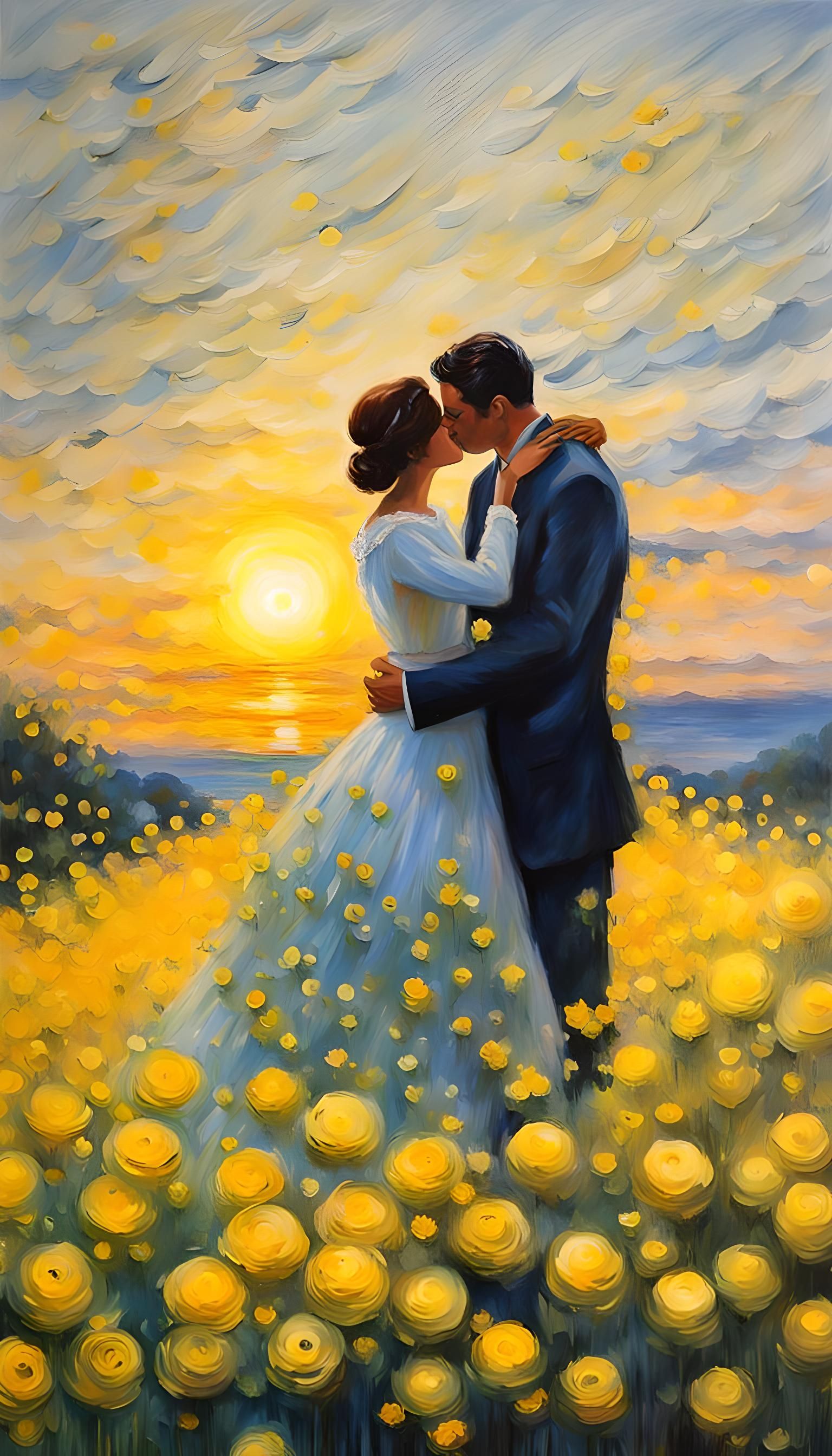 Romantic Sunset Kiss in Impressionistic Style