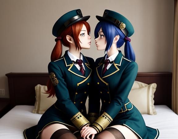 Steampunk Anime Twins Kissing in Bedroom