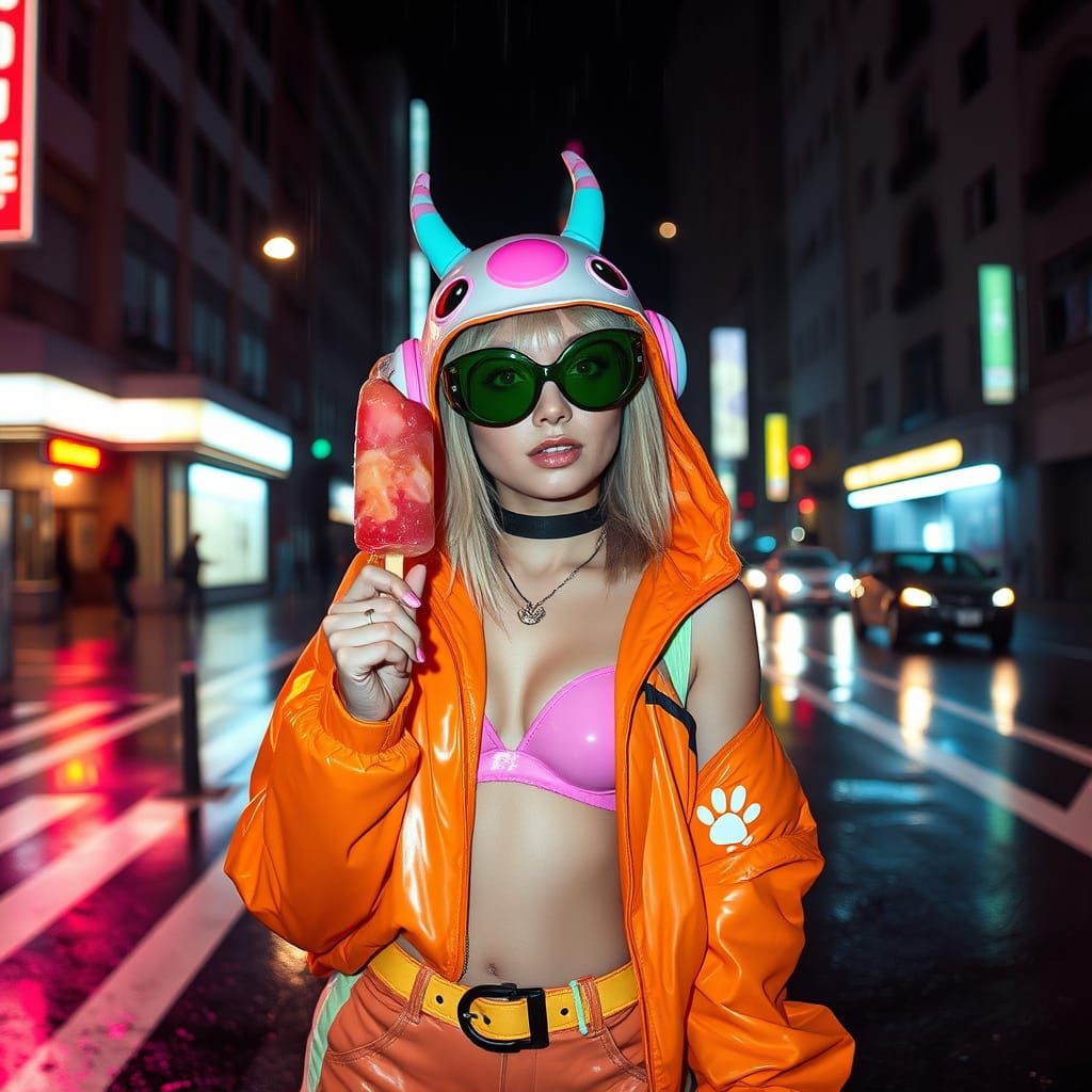 Trendy Alien Influencer with Popsicle in Rainy City