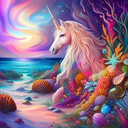 Unicorn Surrounded by Seashells: Digital Fantasy Art