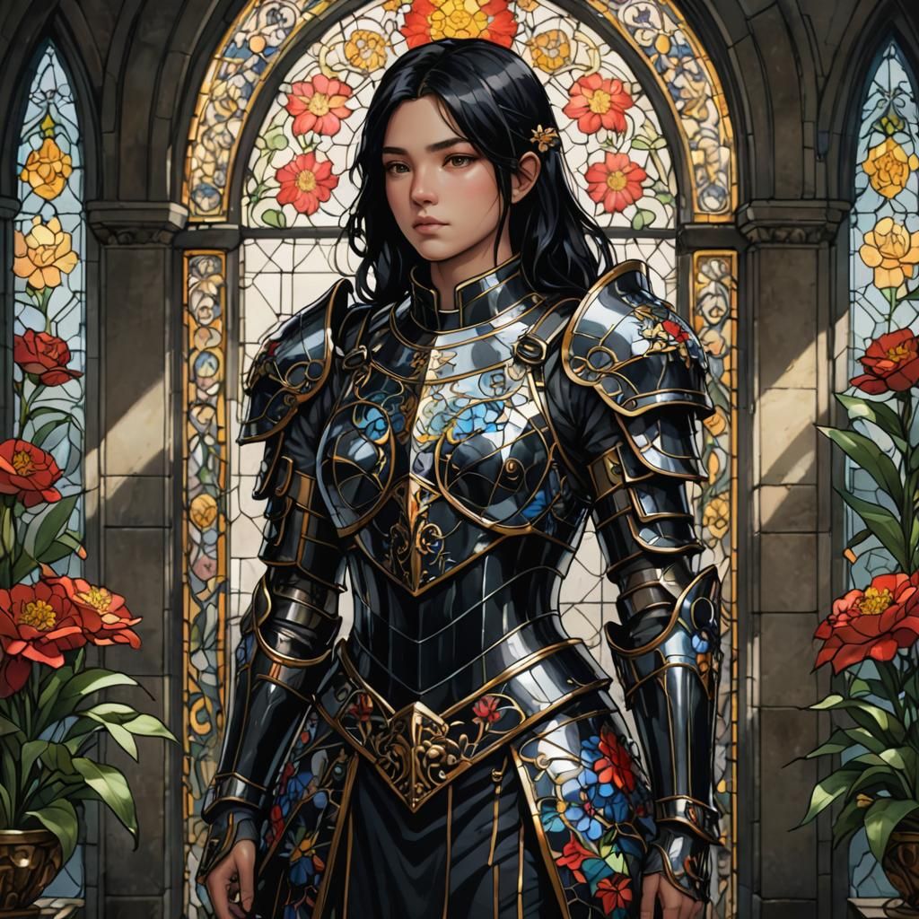 Armored Figure in Stained Glass Setting