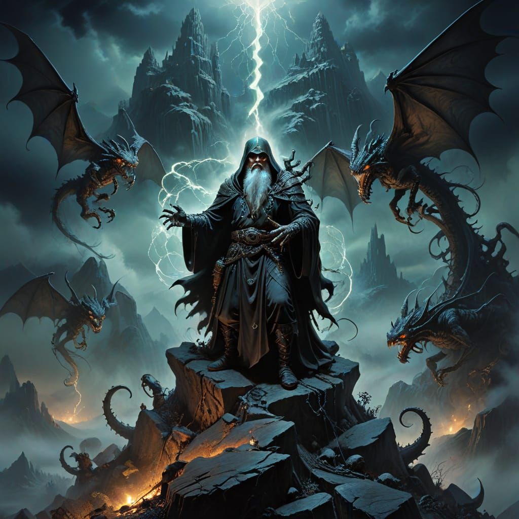 Wise Wizard Conjures Ethereal Energy on Mountain Peak