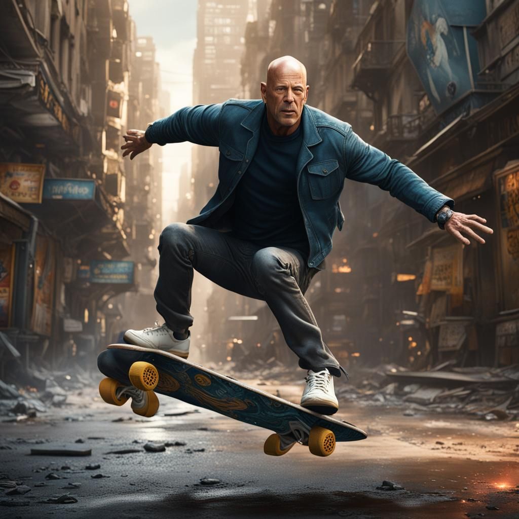 Bruce Willis Kickflip: Detailed Matte Painting