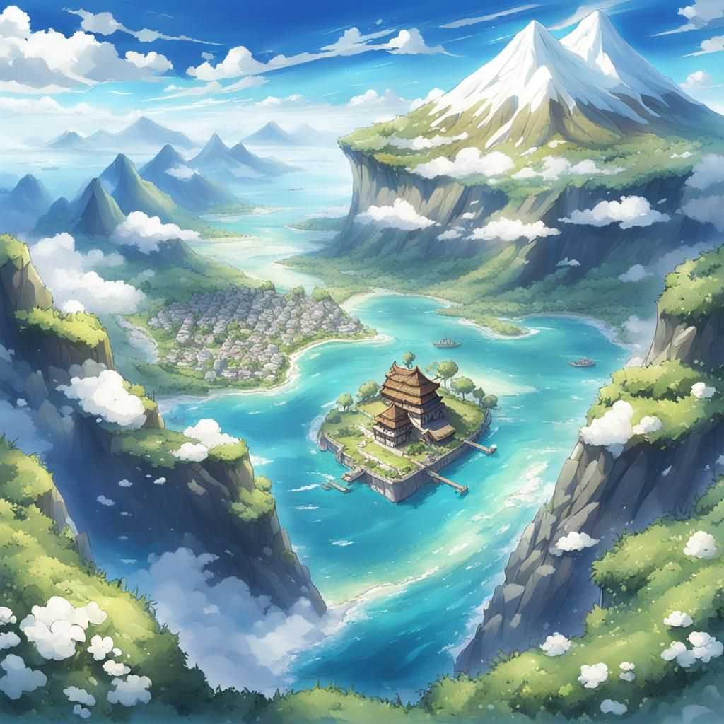 Snowy Mountain Island in Fantasy World: Anime Style