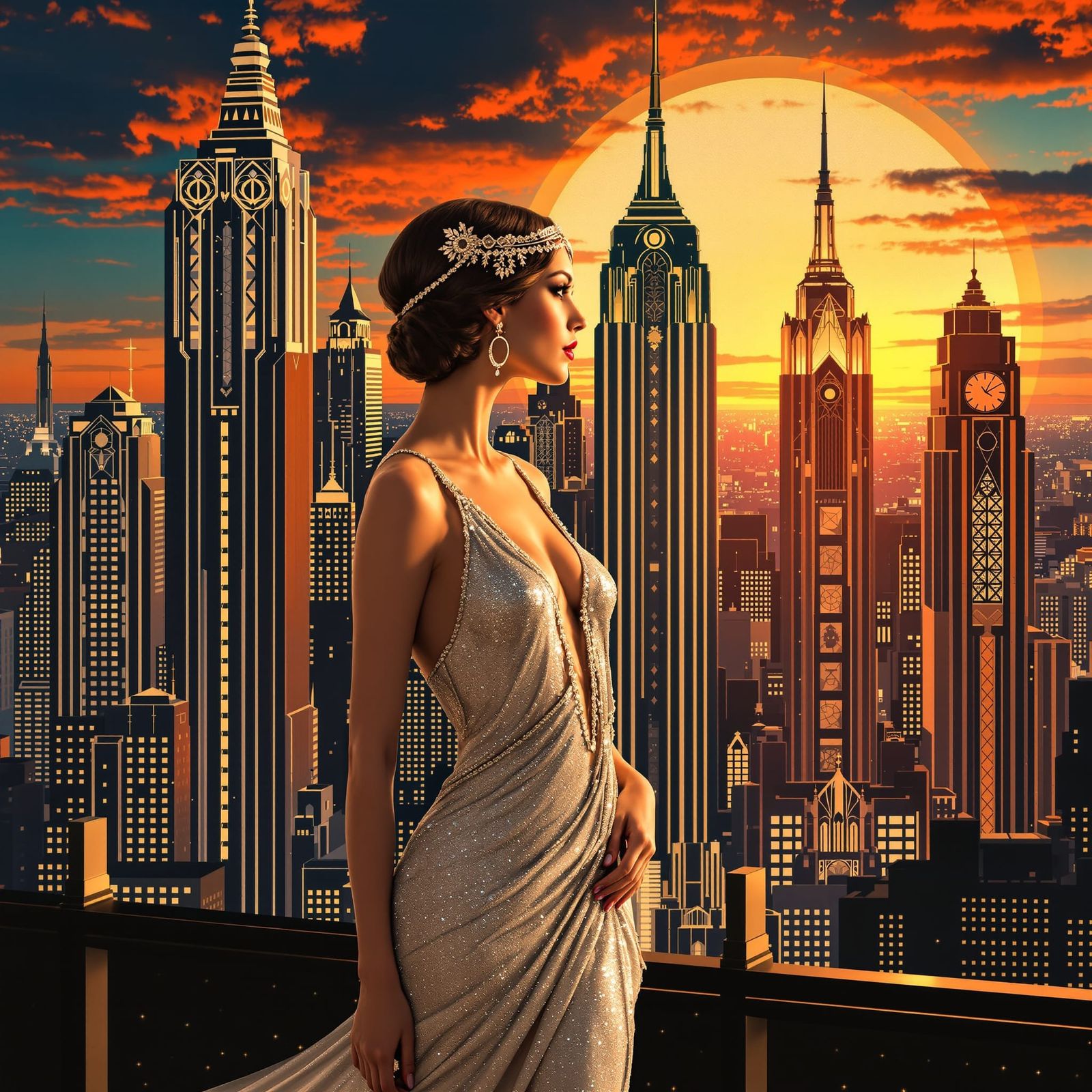Art Deco Lady at Sunset Cityscape
