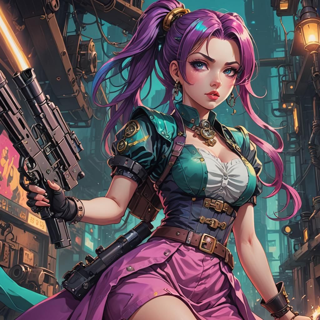 Steampunk Gunslinger with Teal Hair in Cel-Shaded Manga