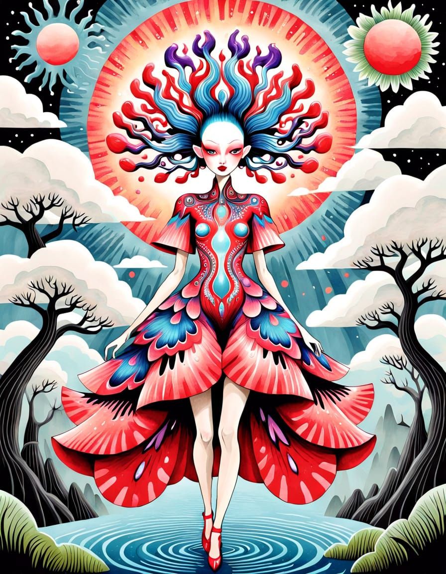 Otherworldly Beings & Old Tree in Ink Painting Style