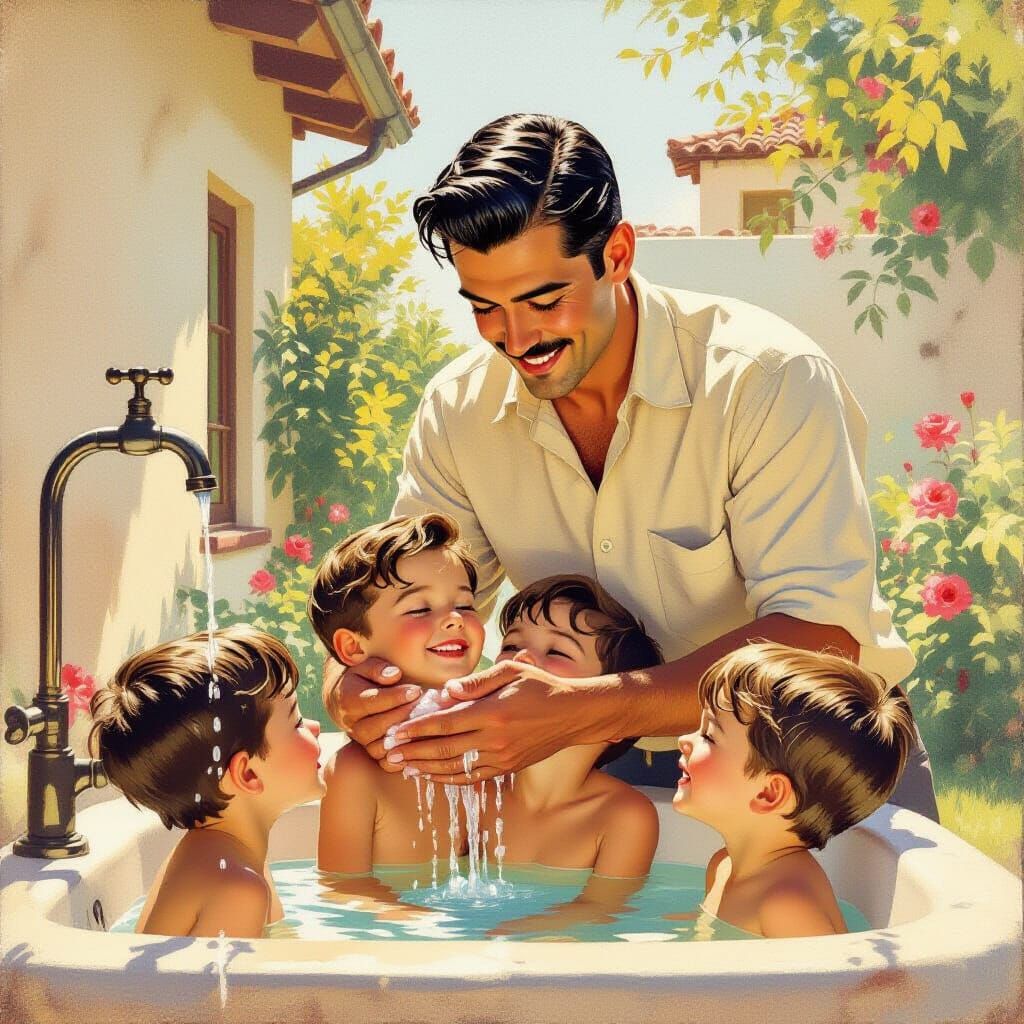 1960s Father Washes Children's Faces in Painterly Style