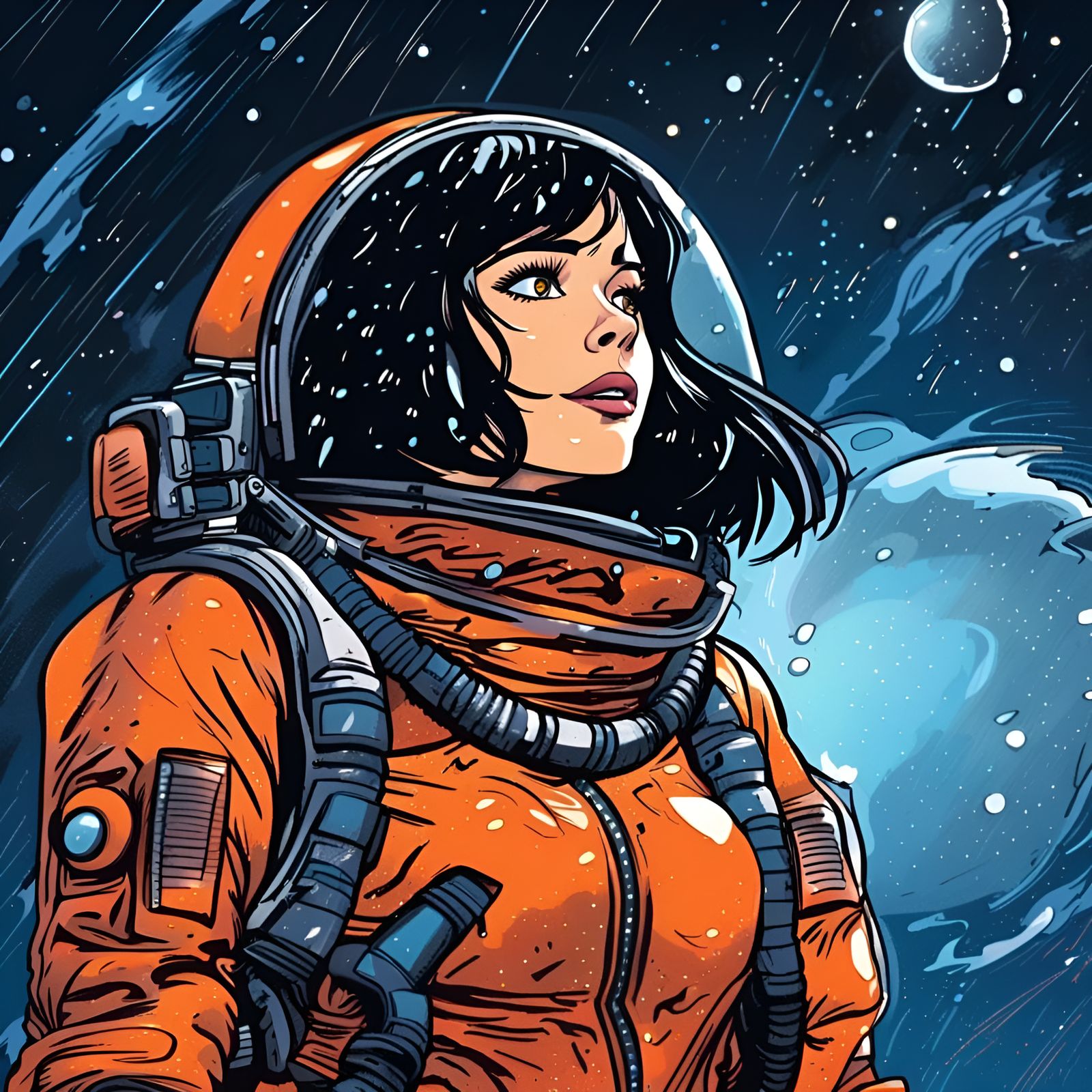 Woman in Spacesuit on Moon in Comic Style