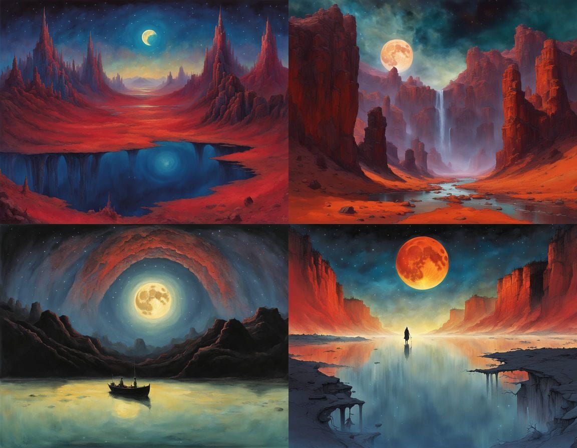 Surreal Landscape with Fiery Moon and Rocky Waterfalls