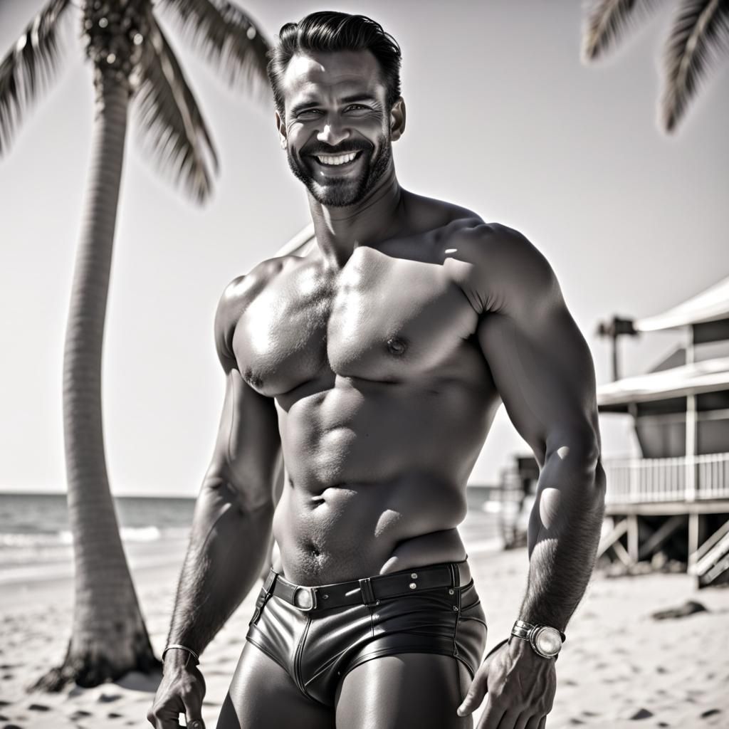 Handsome Hunk on Beach in Tom of Finland Style