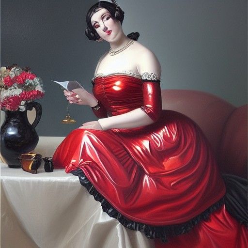 Victorian Woman in Latex Dress: A Realistic Oil Painting