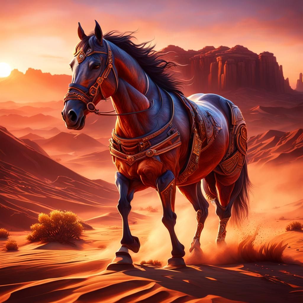 Horse in Desert Sunset: Detailed Matte Painting