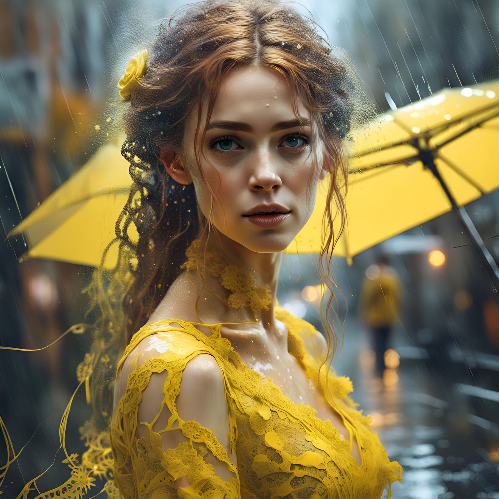 Bride in Yellow Lace Dress: 3D Digital Art