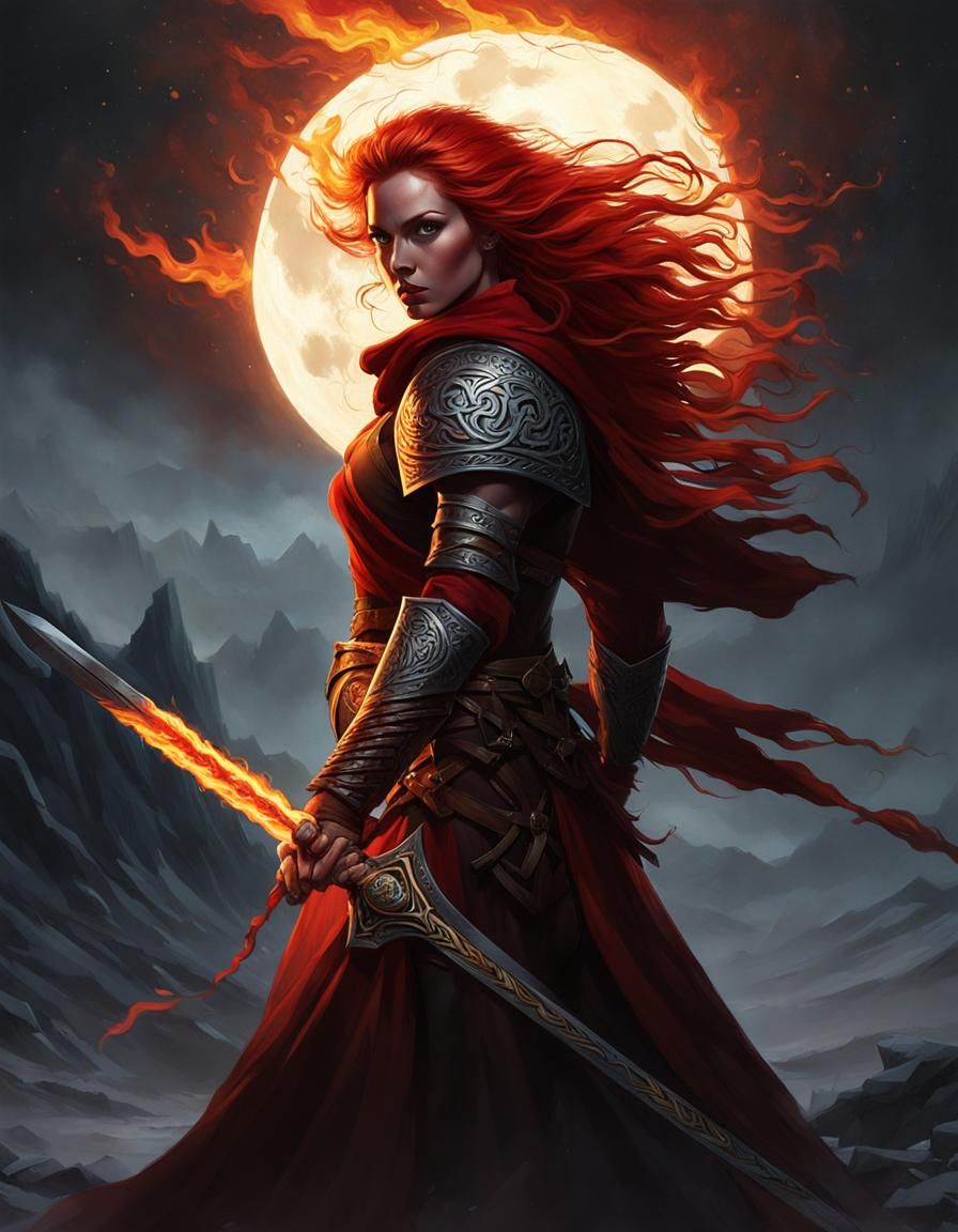 Celtic Redhead Warrior with Flaming Sword in Moonlight