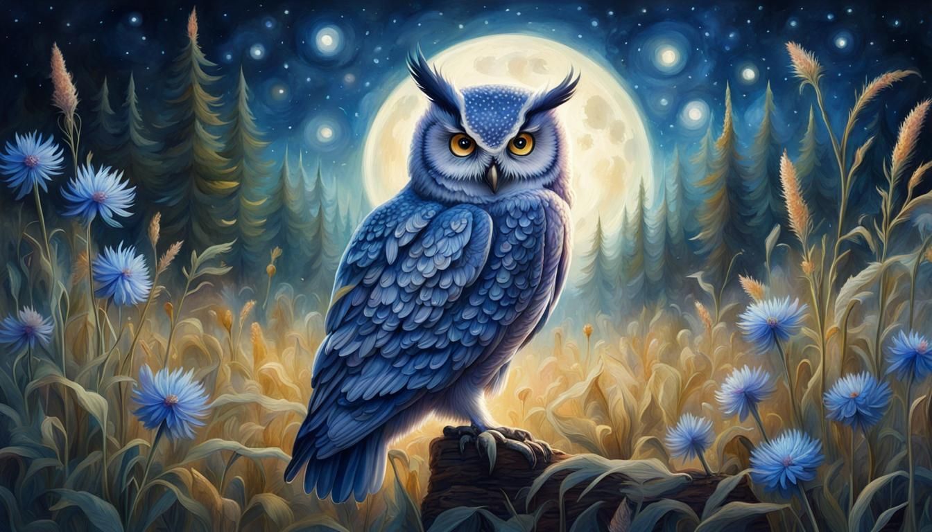 Fantasy Owl in Moonlit Cornflower Meadow Painting