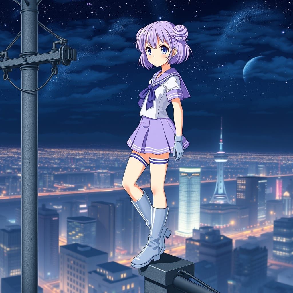 Anime Girl Guarding City at Night