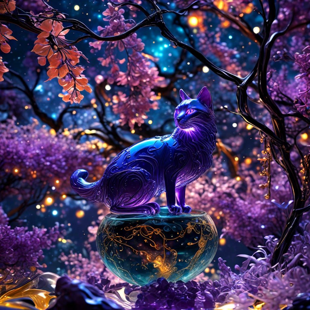 Elegant Glass Cat Amidst a Vibrant Triadic World