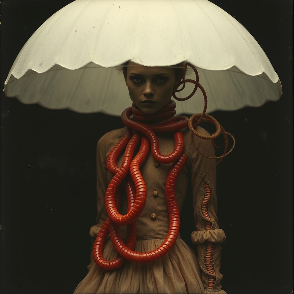 Eerie Fashion Editorial with Red Pipes and Tangled Larvae