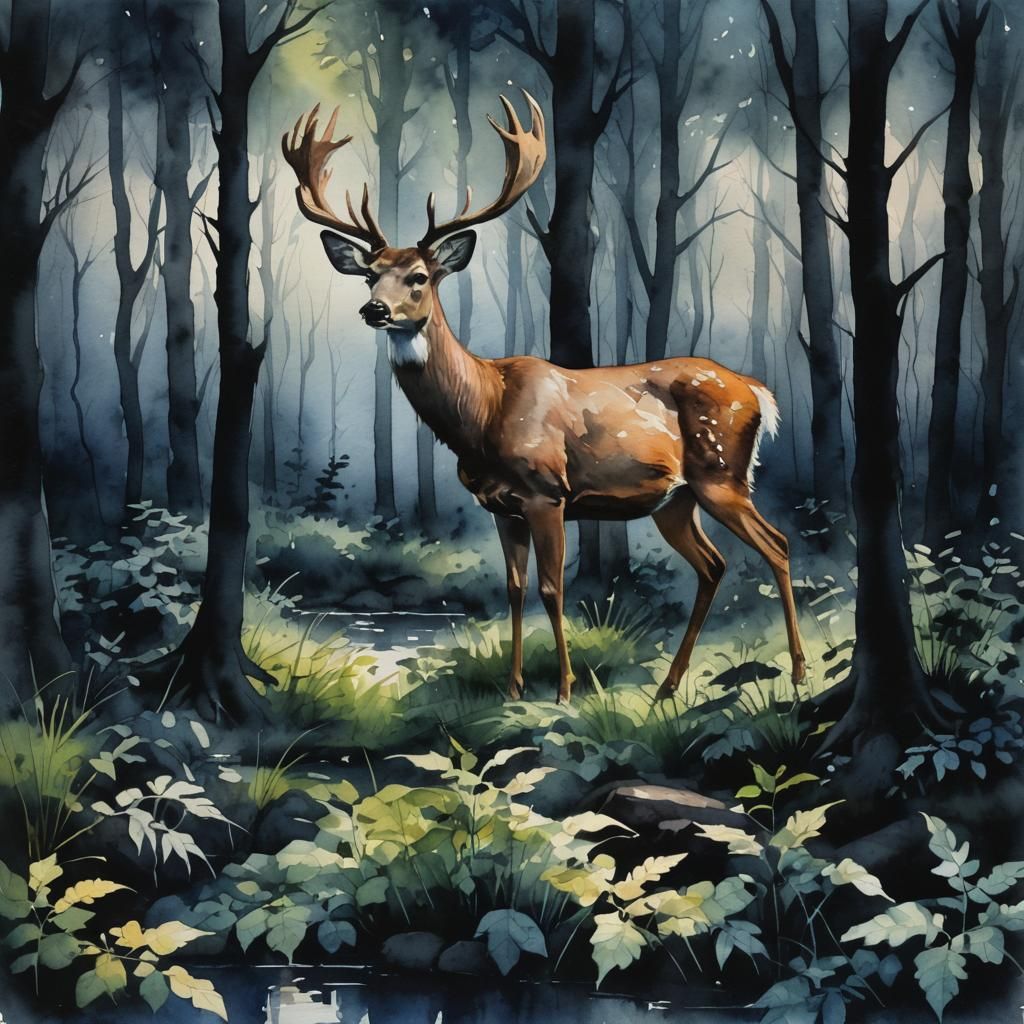 Deer in Dark Forest Watercolor Painting