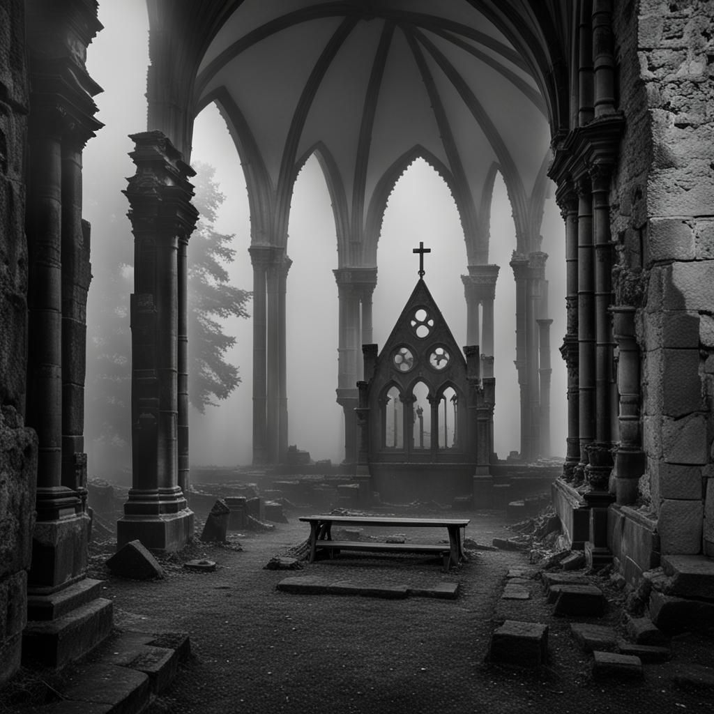 Gothic Monastery in Misty Dark Fantasy Landscape