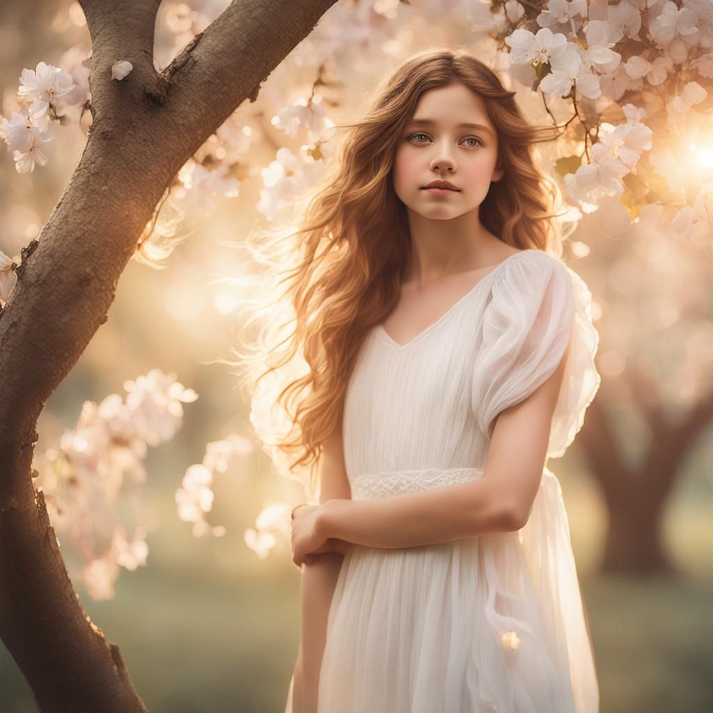 Girl in White Dress, Dreamy Watercolor Portrait