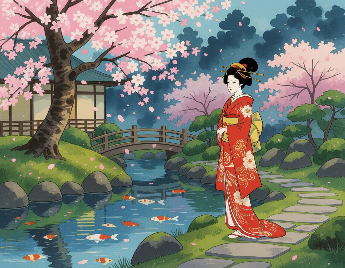 Tranquil Japanese Garden at Twilight with Geisha in Ukiyo-e ...