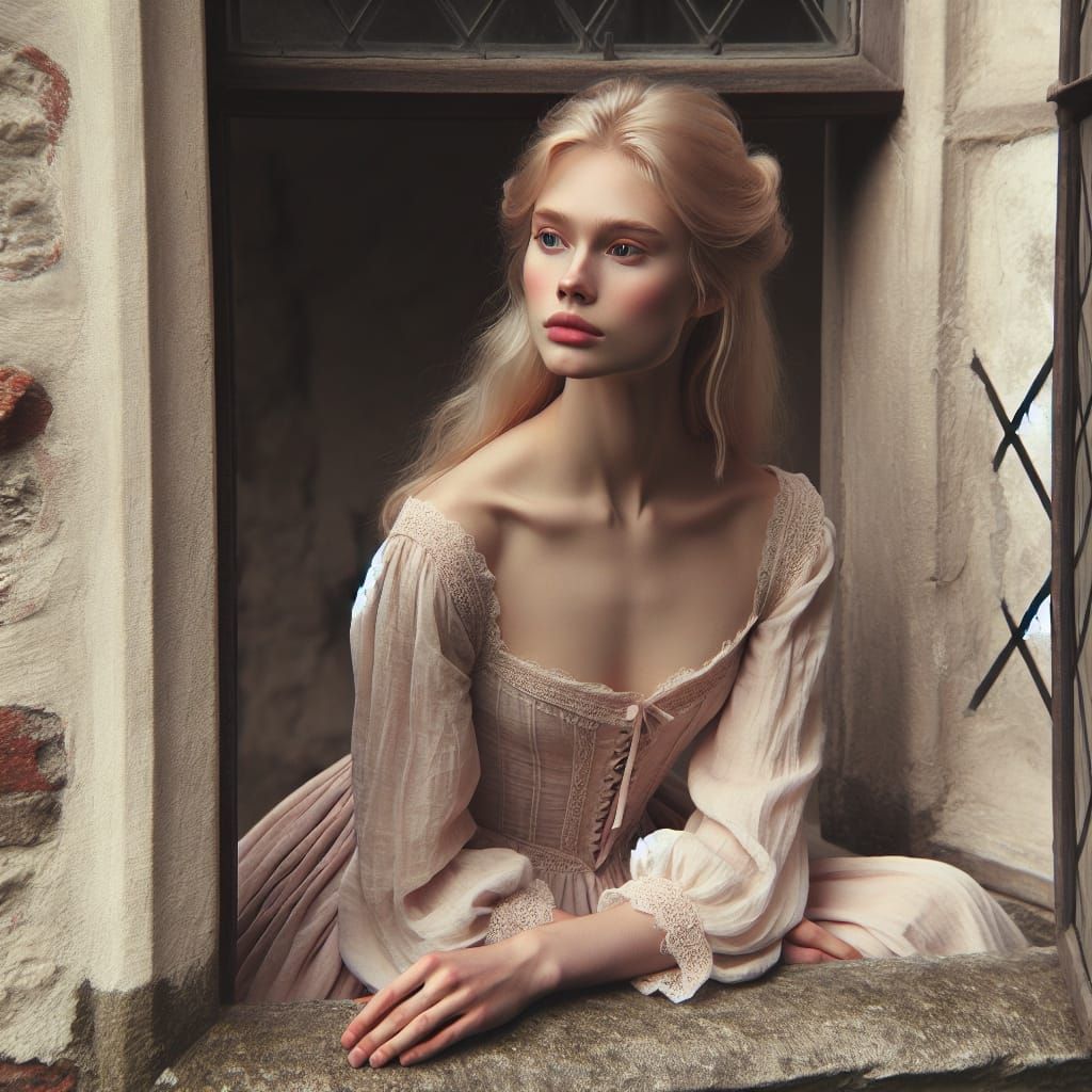 Medieval Princess in Pale Pink Gown Seeks Wistful Gaze
