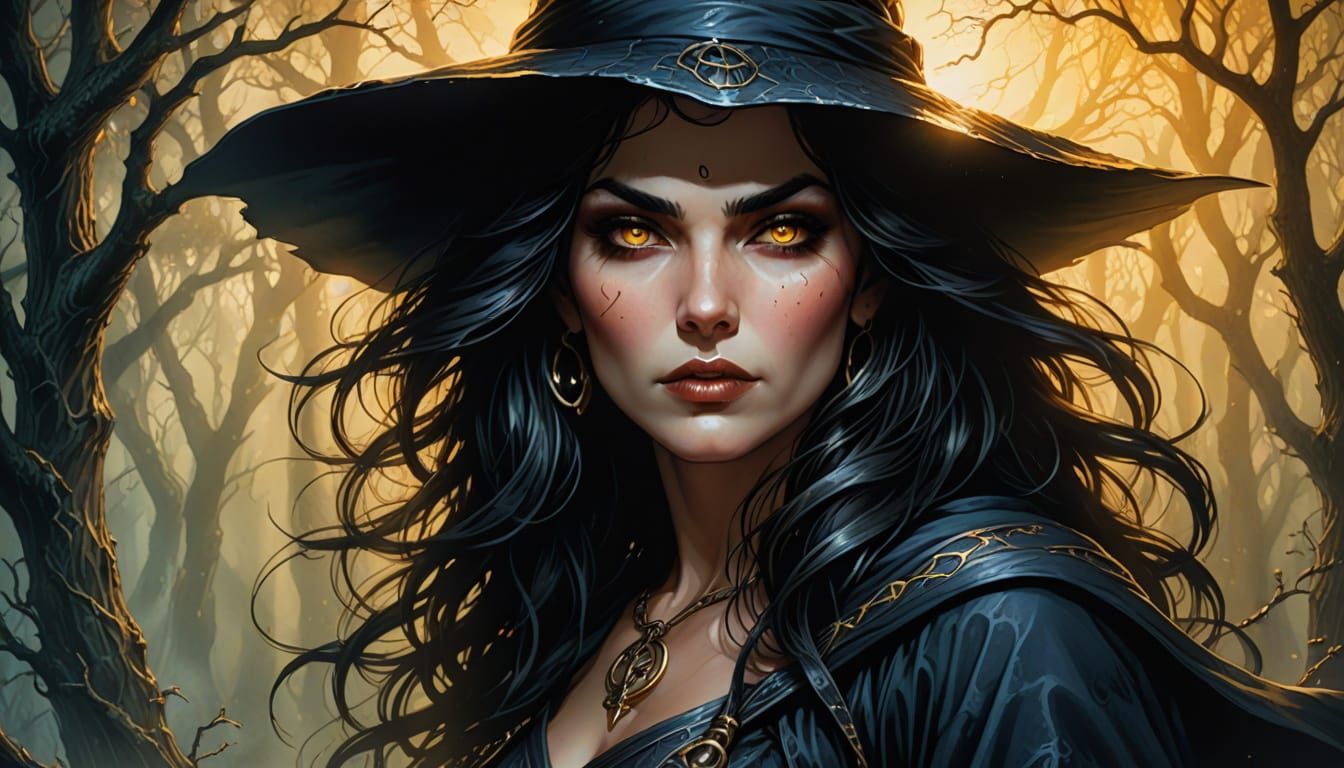 Beautiful Dark-Haired Witch in Comic Book Style