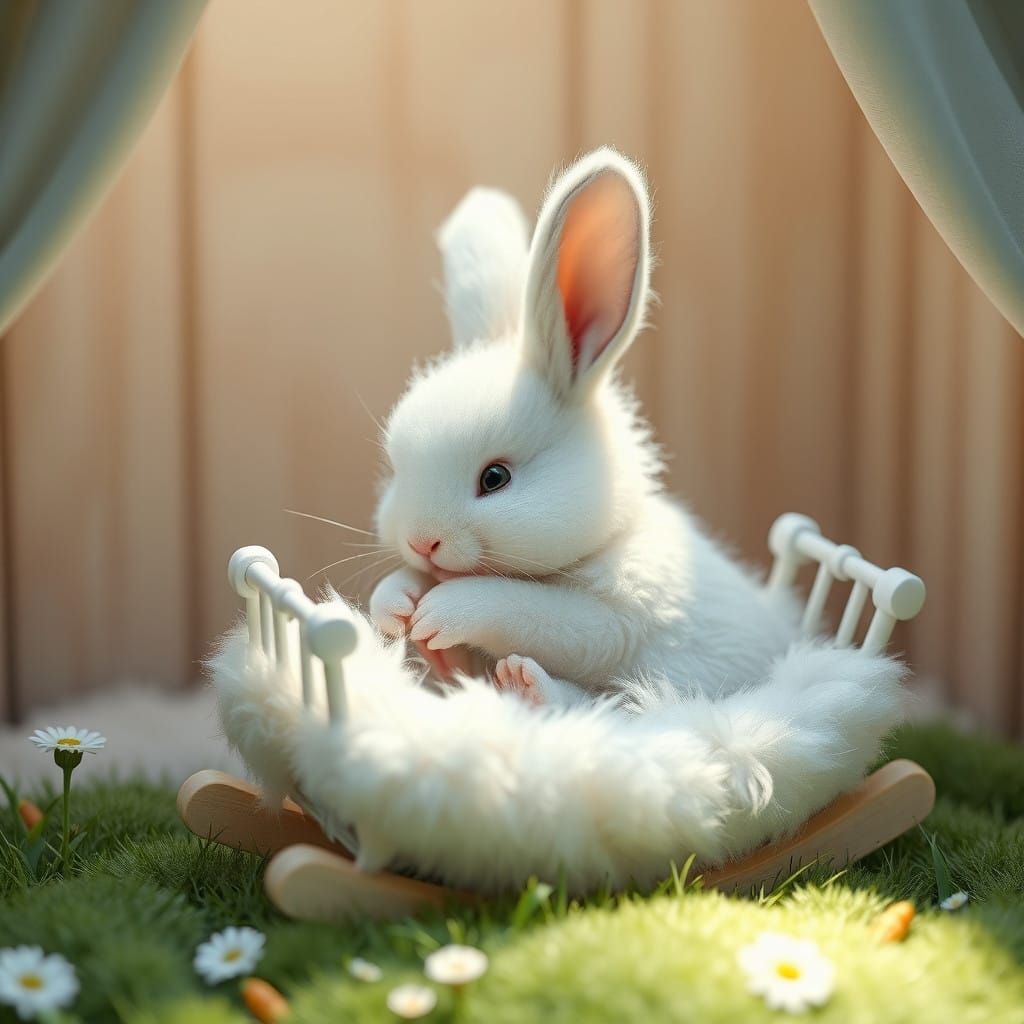 Surreal Baby Bunny Cradled in Dreamy White Crib Scene