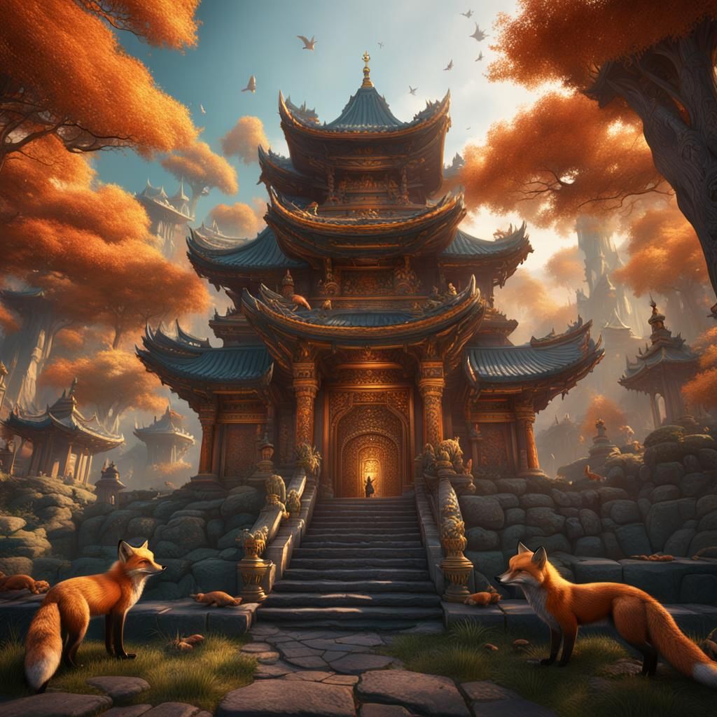 Fox Temple with Foxes: Detailed Matte Painting