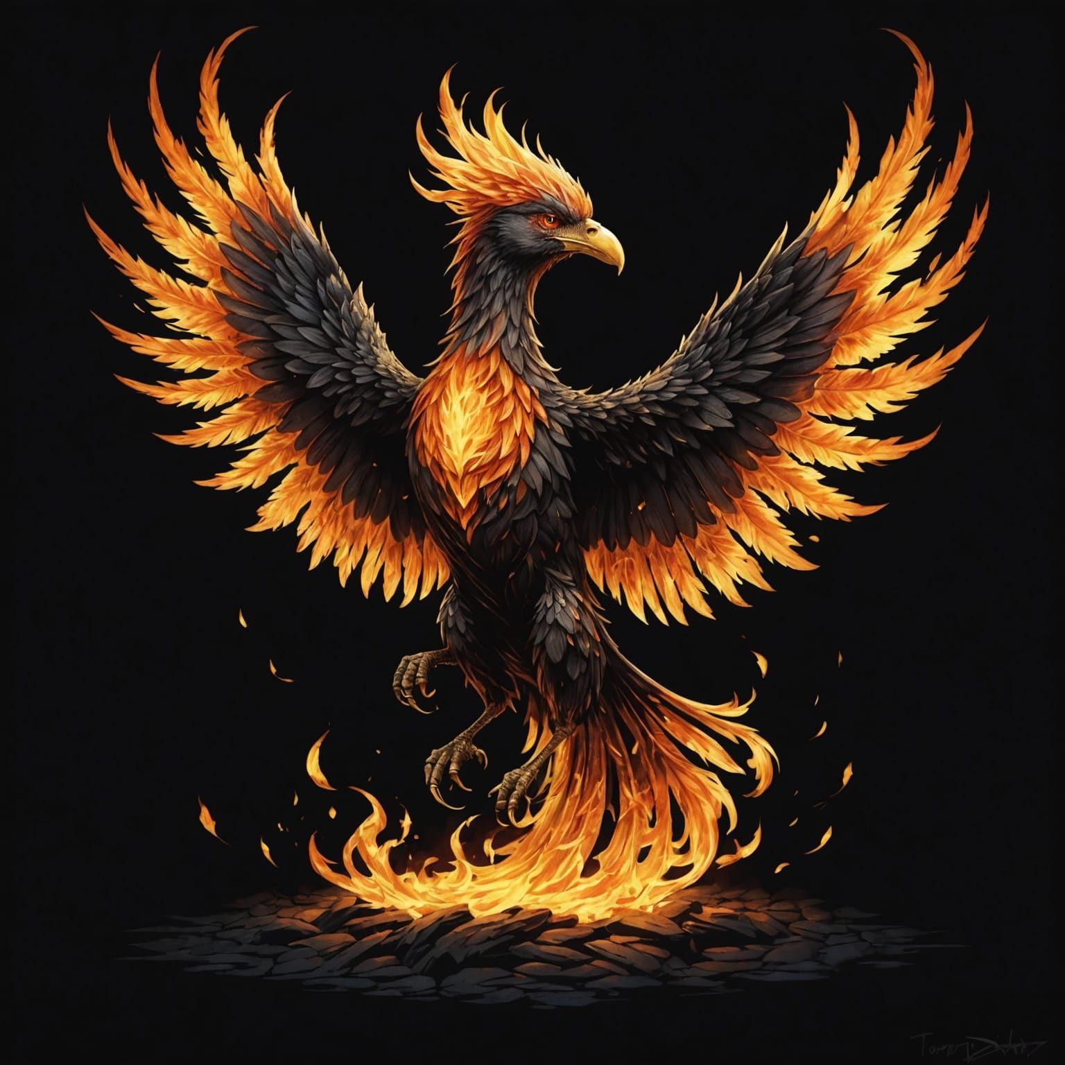 Fiery Bird in Chiaroscuro Anime Style