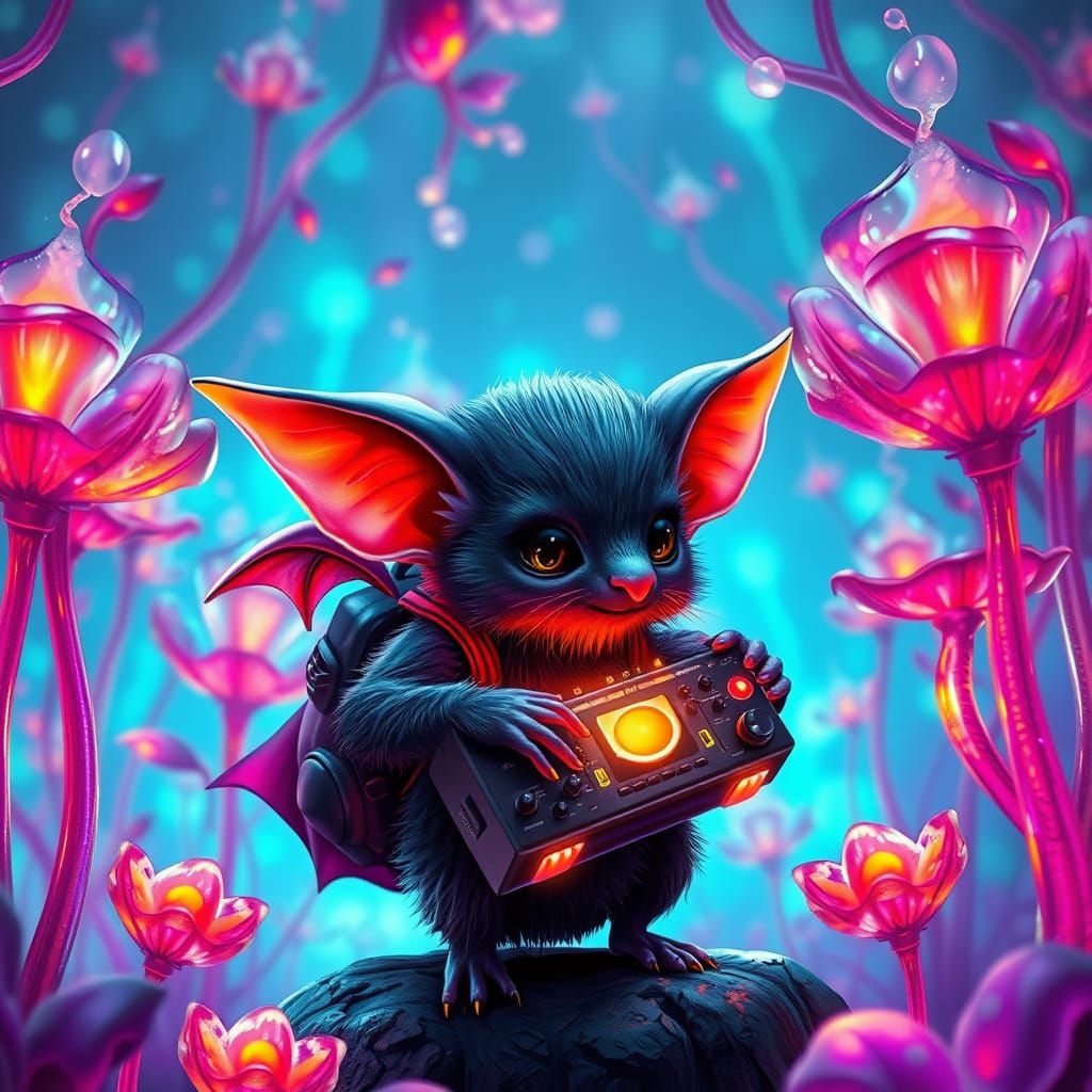 realistic whimsical Cute, fuzzy bat character with big ears,...