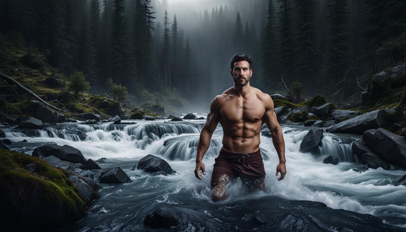 Man Emerging from Snowy Rapids: Detailed Matte Painting