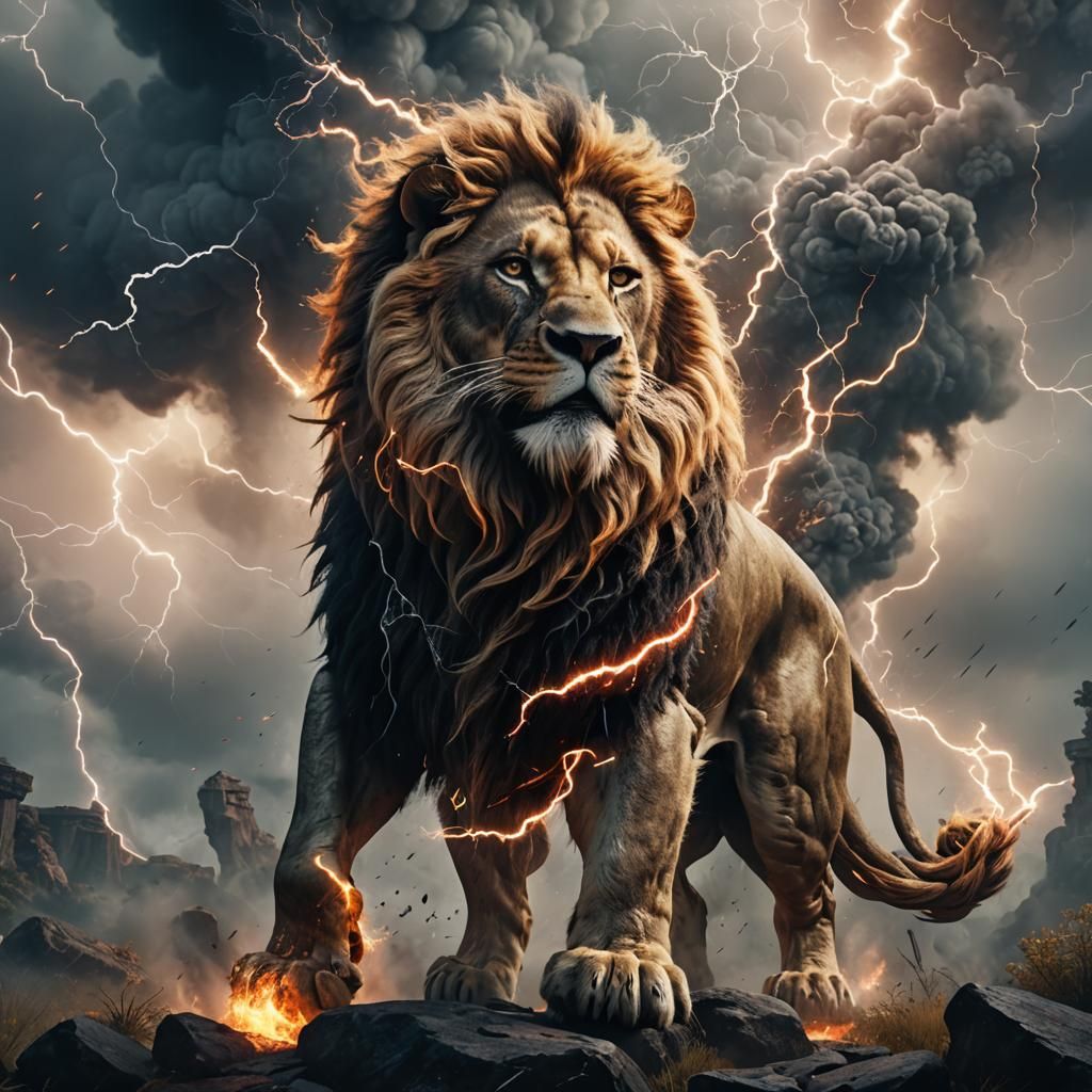 Lightning Lion in Detailed Matte Painting Style