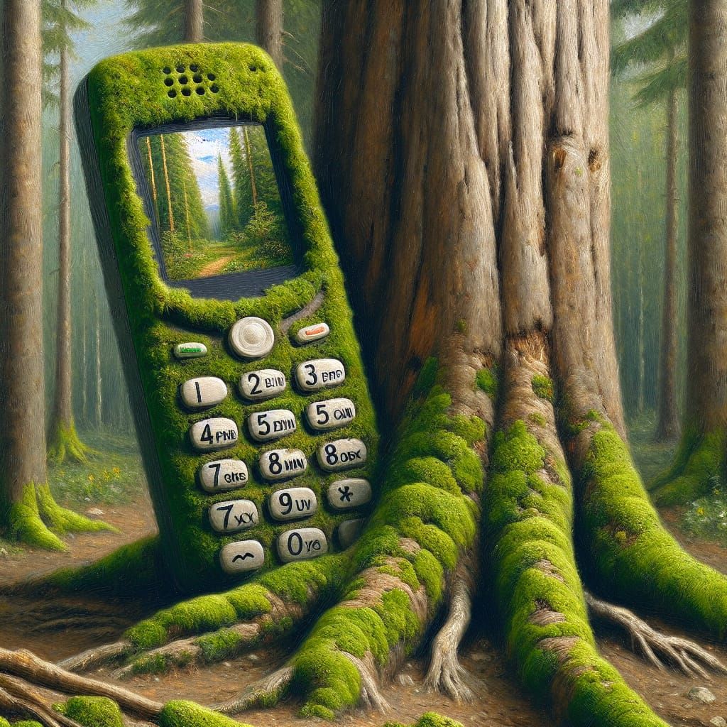 Whimsical Forest Scene with Vintage Phone as Oil Painting