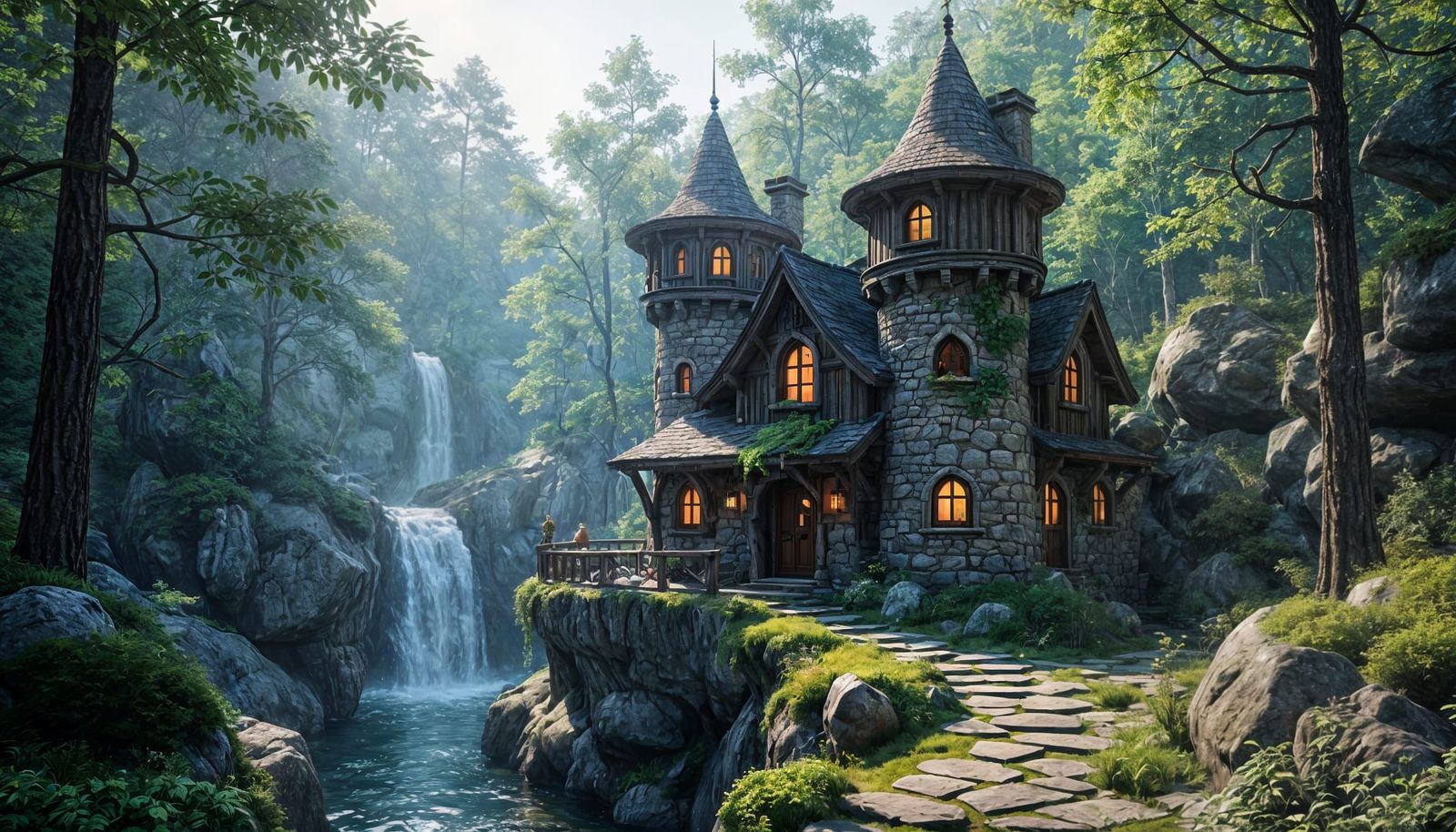 Whimsical Mushroom Cottage by Waterfall in Gorge