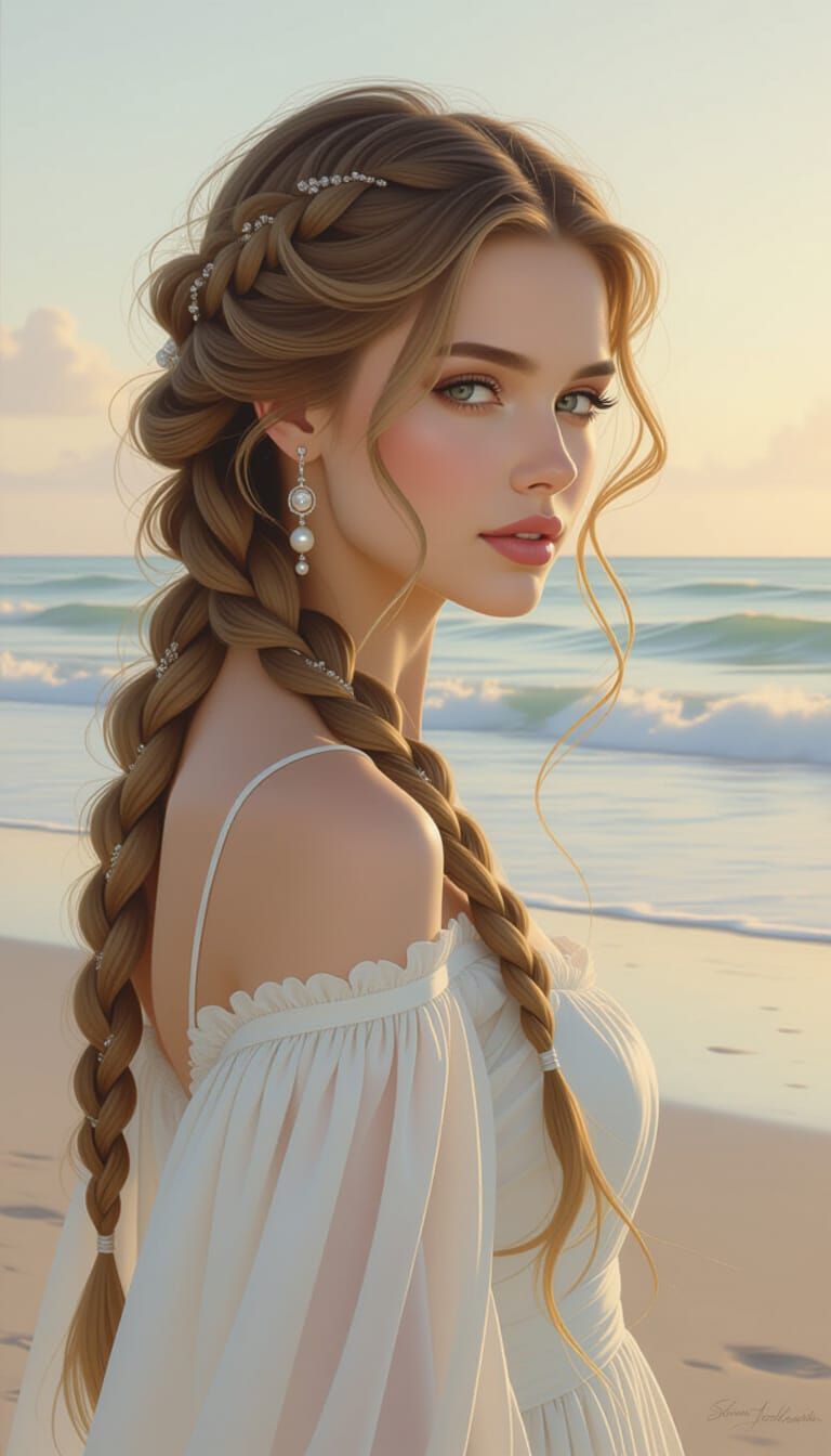 Braided Blonde Hair on Dreamy Beach at Dawn