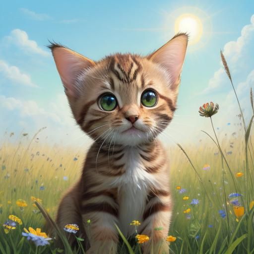 Tabby Kitten and Butterfly in Summer Meadow