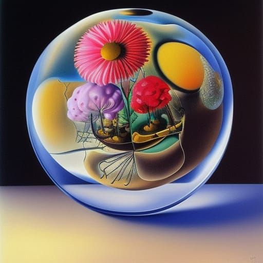 Surreal Glass Sphere with Flowers in Dali Style