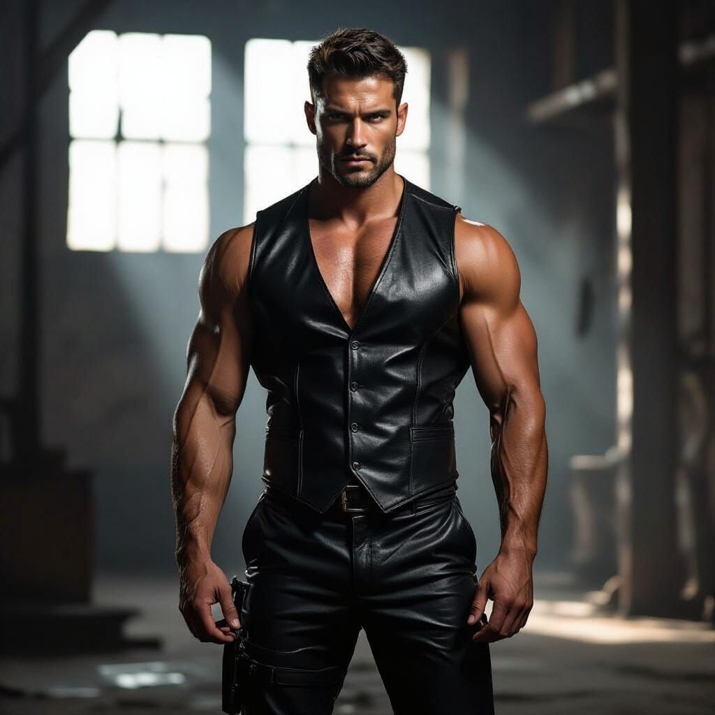 Muscular Man in Leather Vest Under Dramatic Lighting