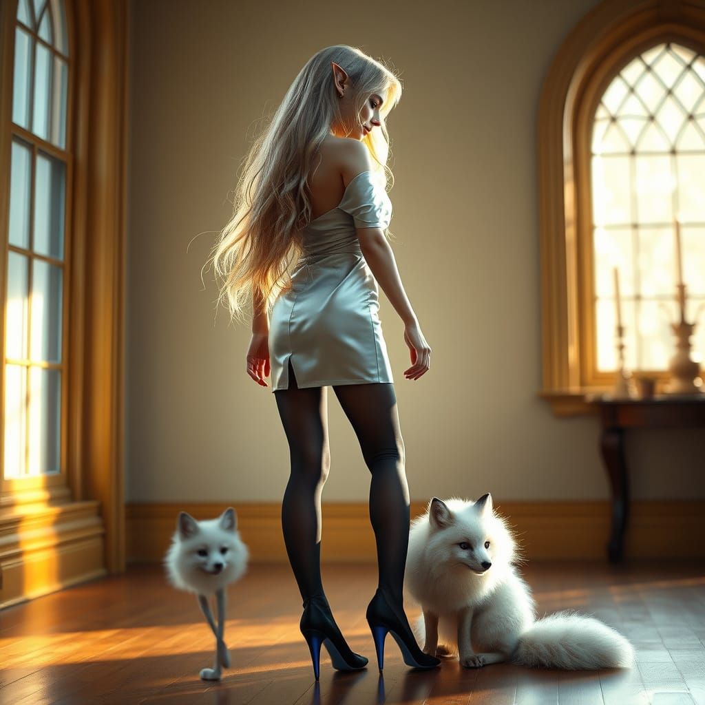 Elegant Elf Portrait in a Silver Satin Gown