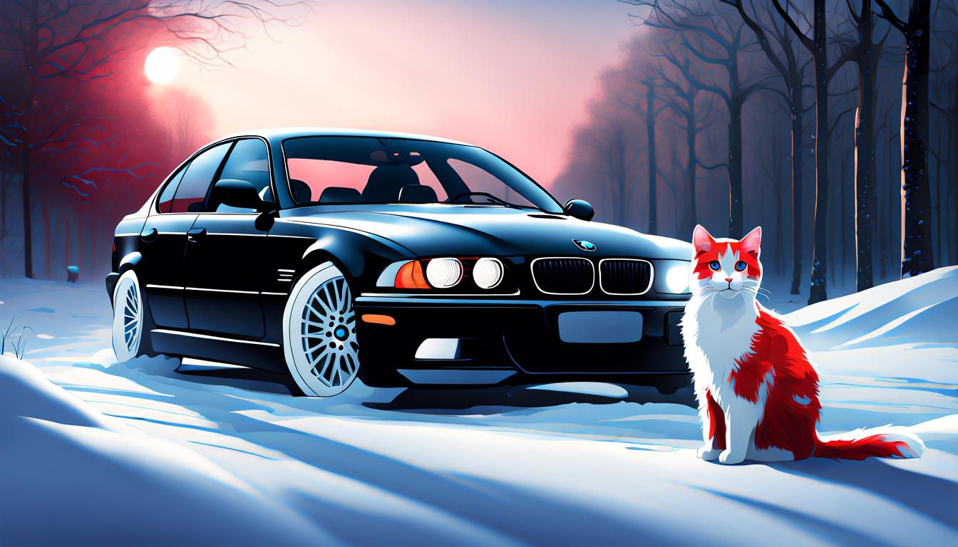 BMW E39 with Cat in Snow, Digital Art