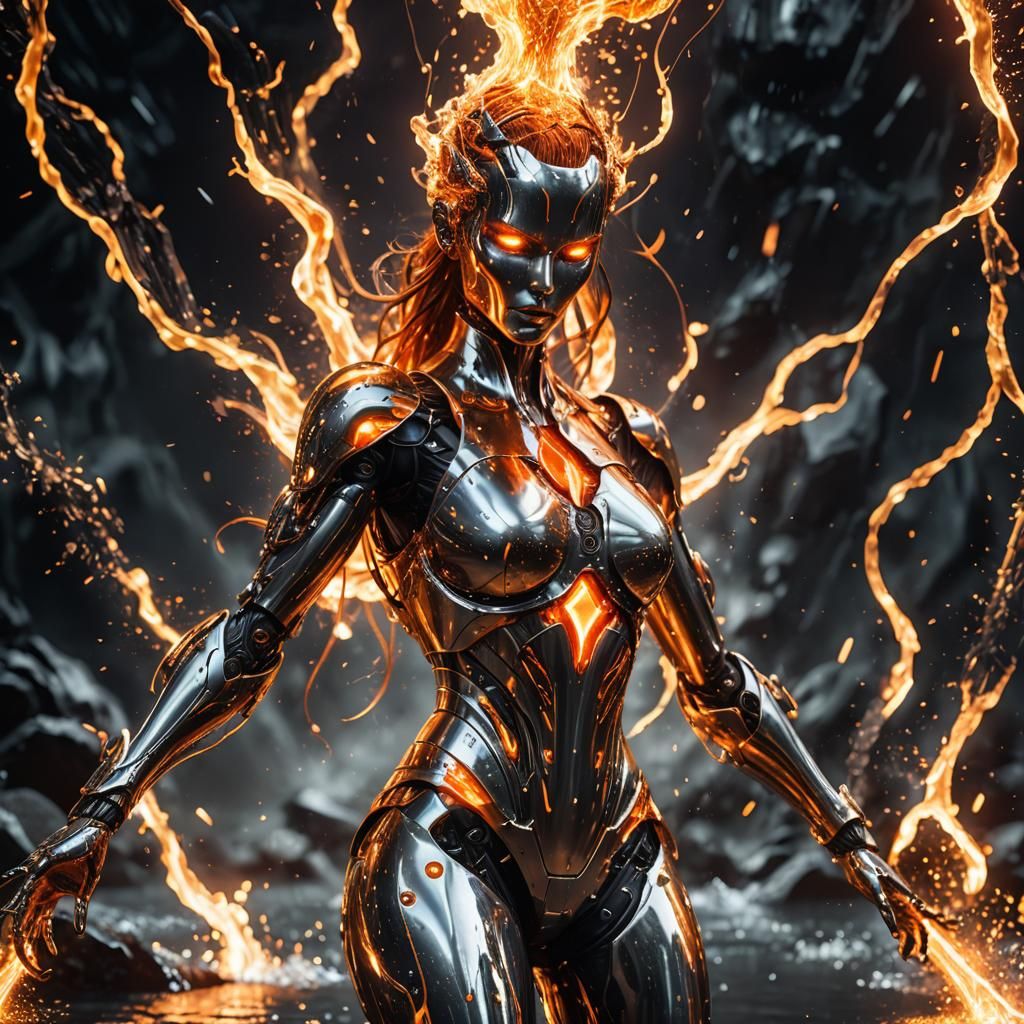 Dramatic Liquid Metal Android Sinking into Molten Lake