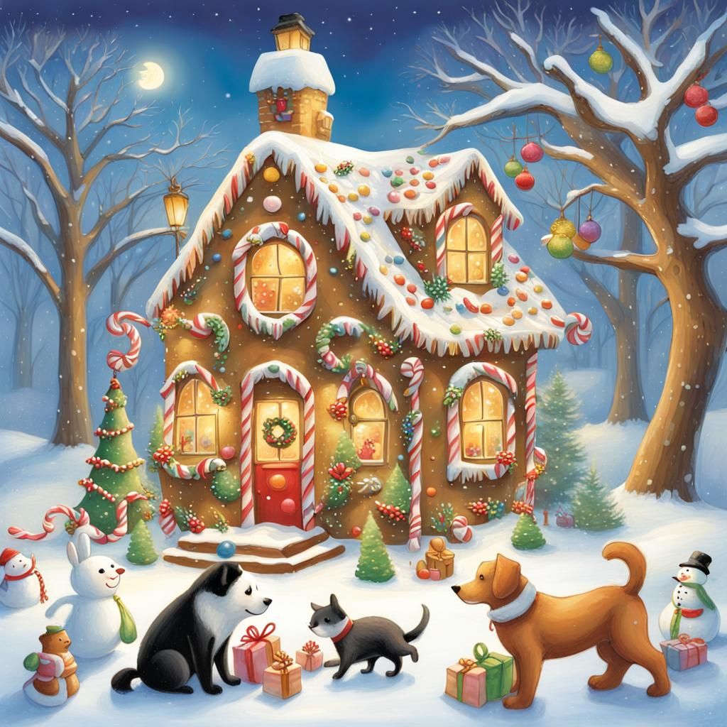 Whimsical Christmas Gingerbread House in Winter Landscape
