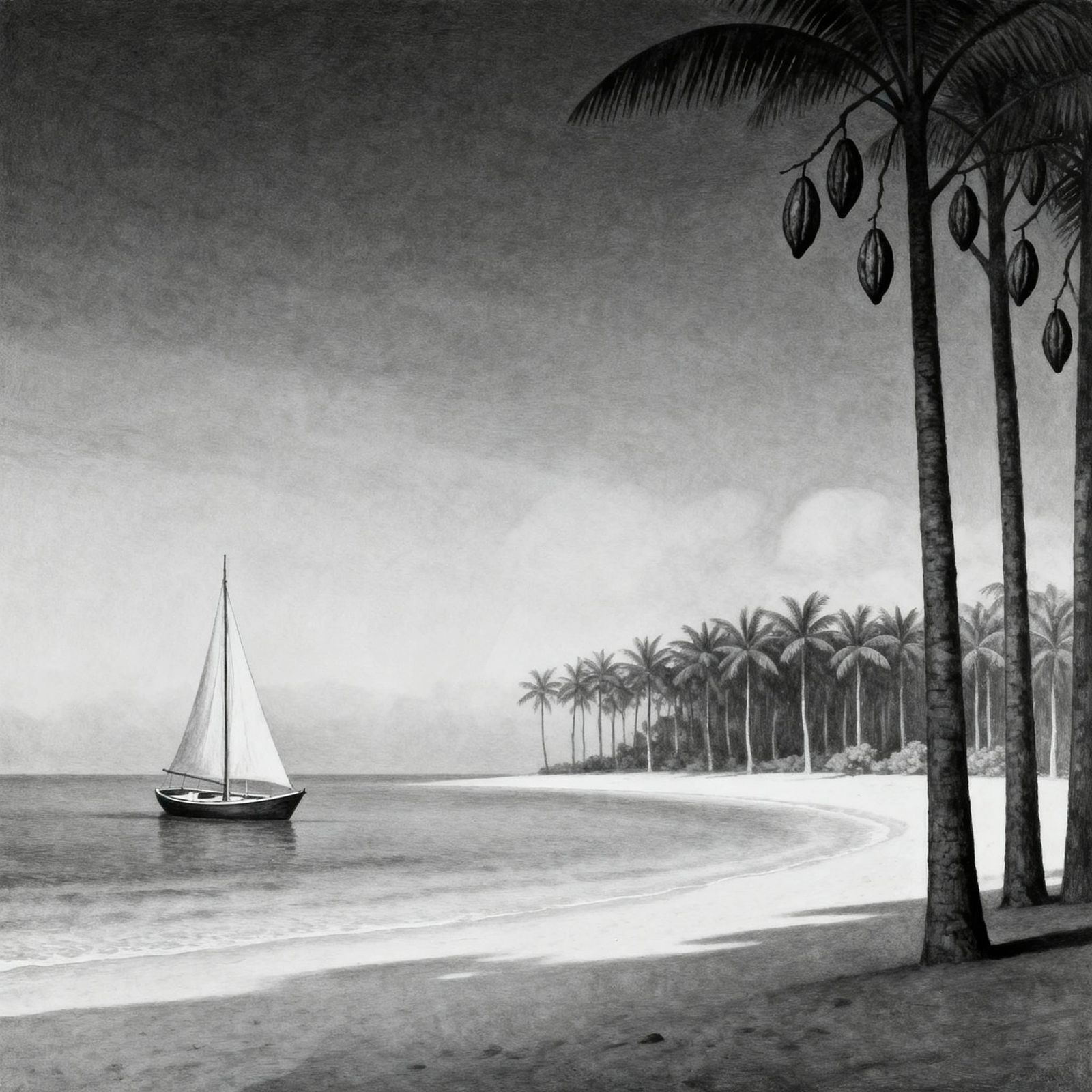 Monochrome Surreal Beach with Lone Sailboat
