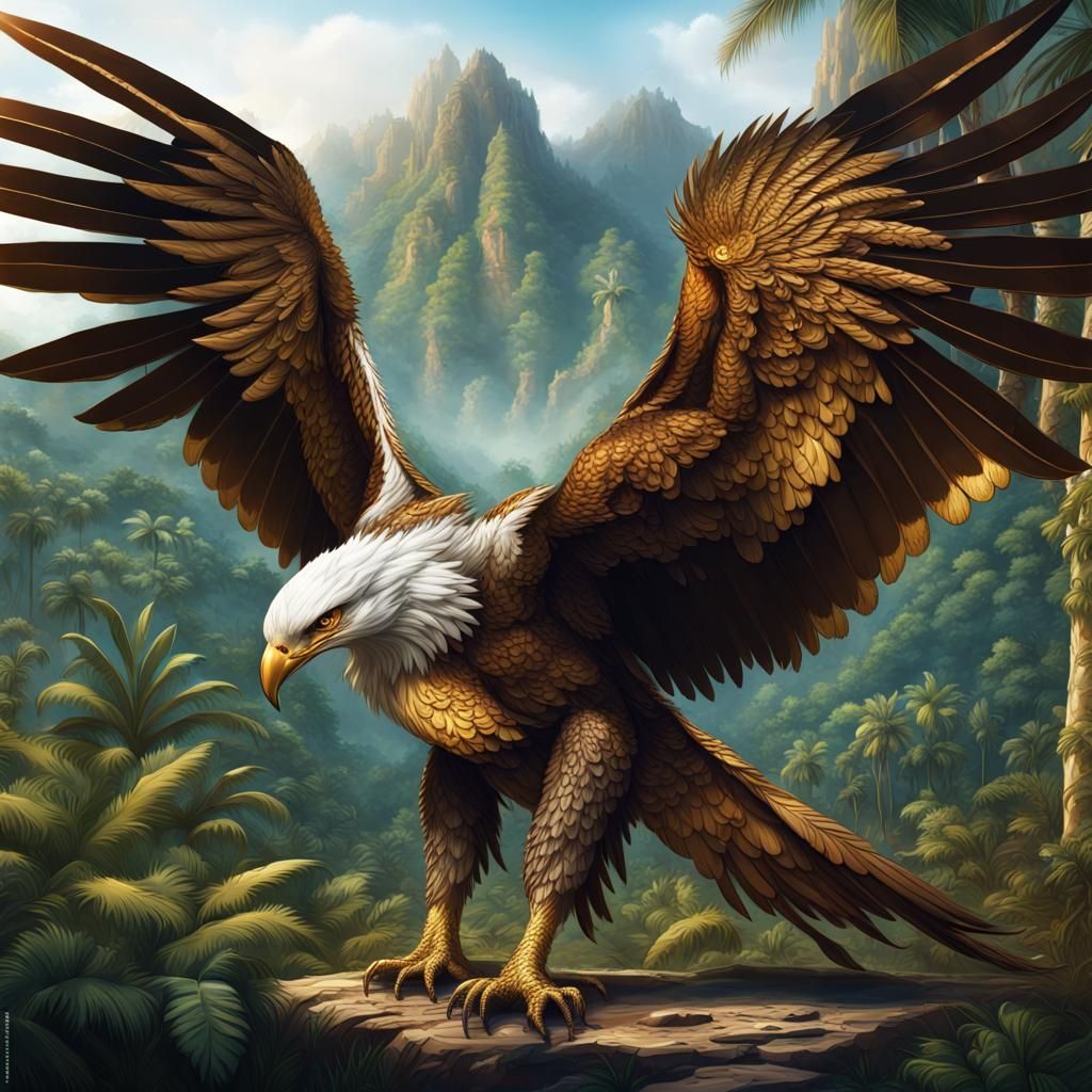 Giant Golden Eagle in Tropical Forest: Detailed Matte Painti...